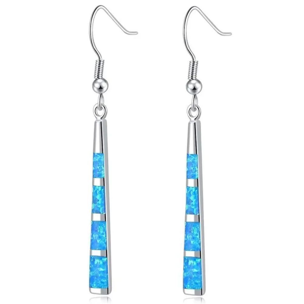 14K White Gold with Genuine Blue Fire Opal Dangling Hook Tapered Bar Earrings